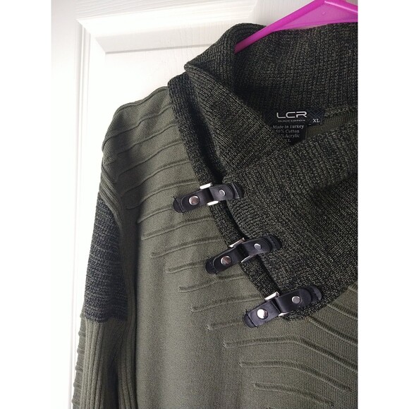 LCR Men's XL Black Edition Olive Green Shawl Color Leather Snap Accent Sweater - Picture 2 of 9